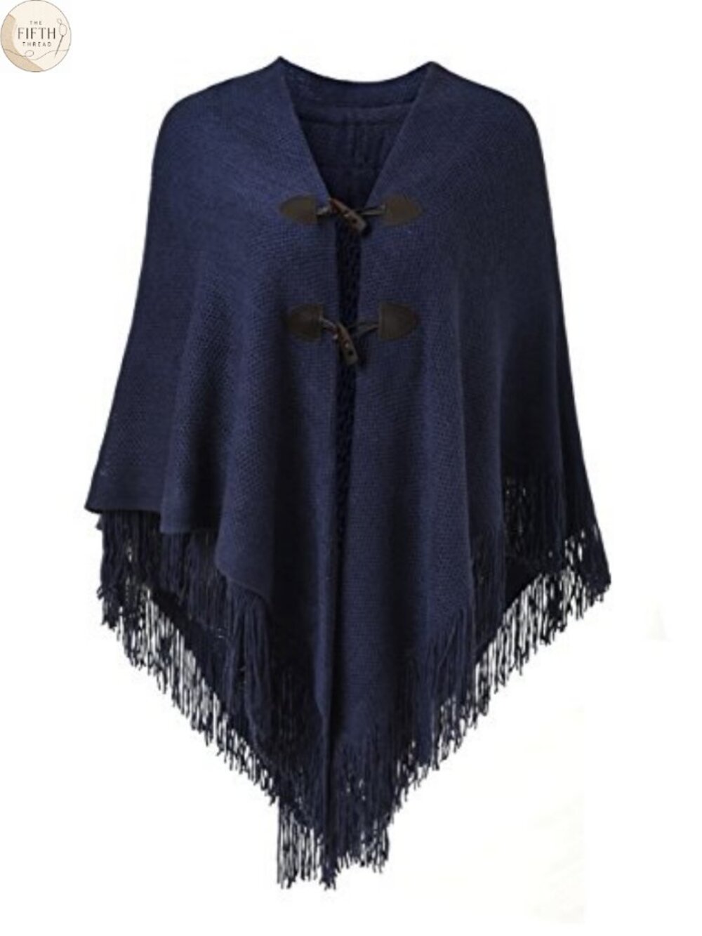 Women's Loose Fit Poncho Cape Shawl with Horn Buttons, V Neckline & Fringe